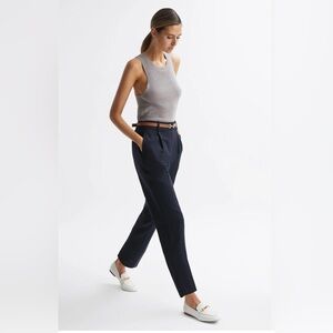 REISS SHAE TAPER LONG COTTON LINEN TROUSERS IN NAVY BLUE Women's Size 12L